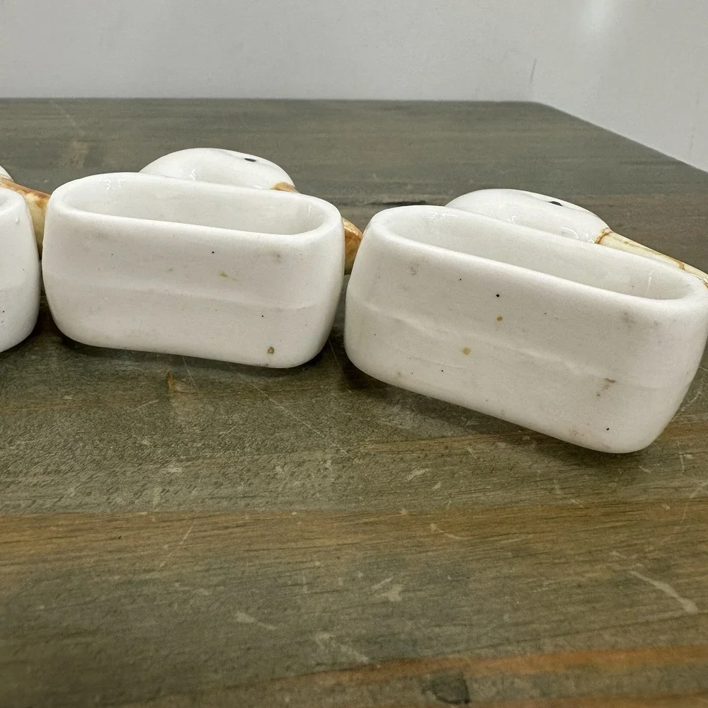 Set Of 4 Ceramic White Duck Napkin Ring Holders Handmade Hand Painted 2.5